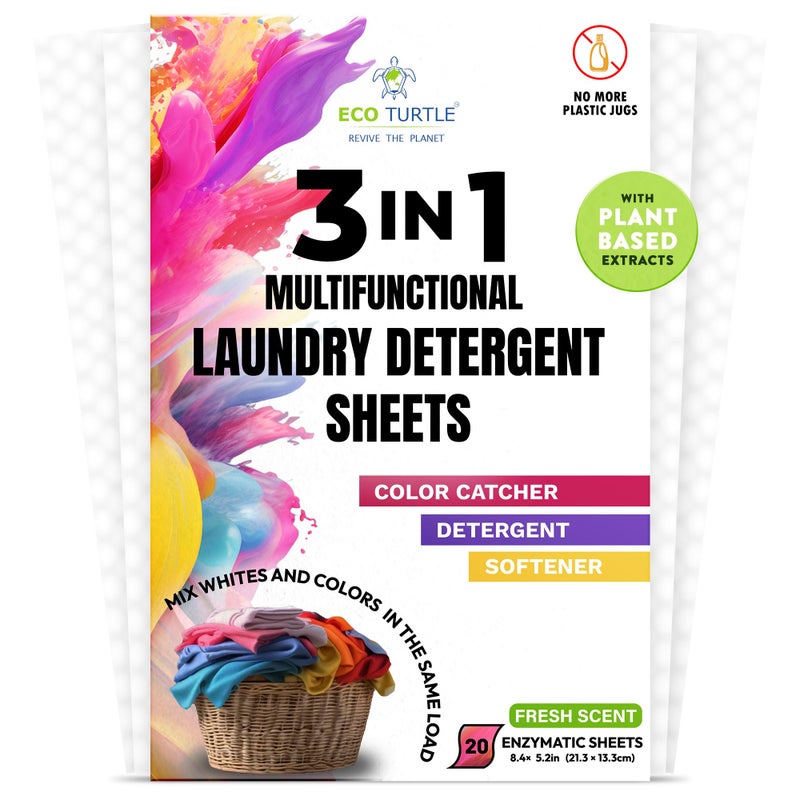 Color Catcher Fabric Softener Laundry Detergent Sheets 20 Loads Fresh Scent, Plant based, No Plastic Jugs Travel Friendly, Ultra Concentrated Mix Colored with Whites Detergent Softener & Color Catcher - Image 1